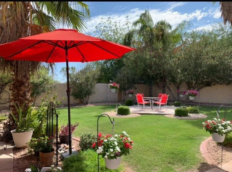 The backyard garden at Horizon: a shaded patio table among flower beds and palm trees